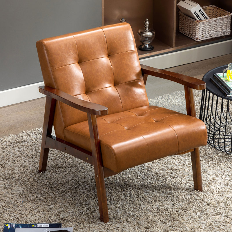 Havva 21.65'' Wide Tufted Artificial Leather Mid-Century Modern Armchair, Caramel