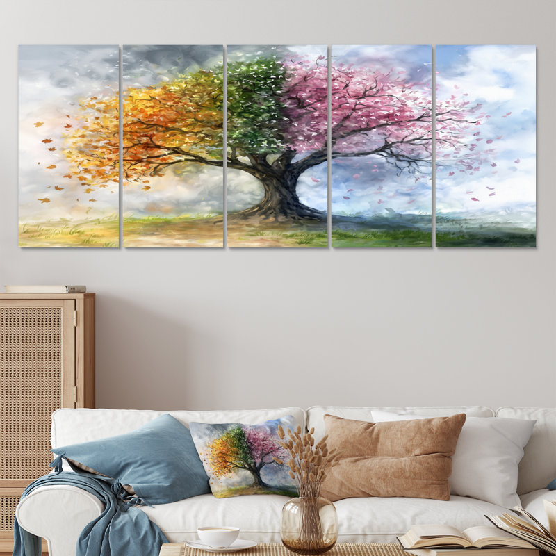 Ensemble de salon art mural arbre de vie rose avec quatre saisons, H 28 po x l 60 po