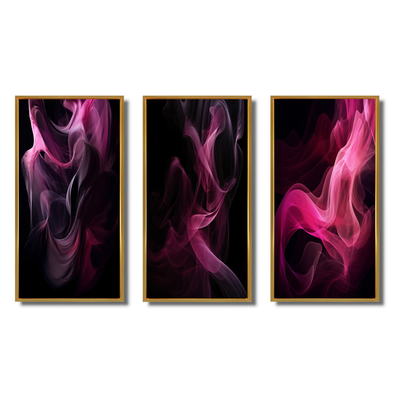 "Rose et noir", 3 pièces sur toile, Cadre flottant doré, H 28 po x l 36 po