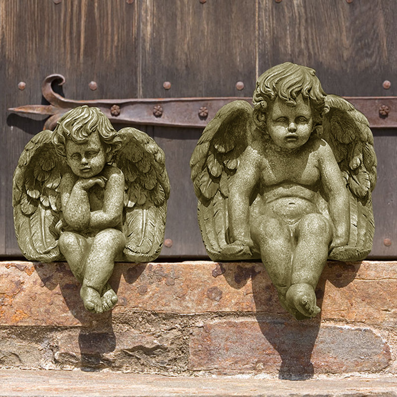 Sitting Medium Cherub Statue, English Moss