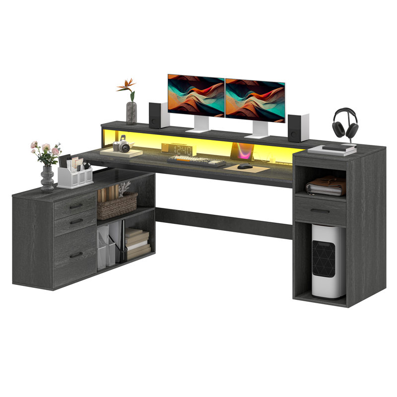  Bureau d'ordinateur en L 59 po avec prises de courant, lumières DEL et classeur