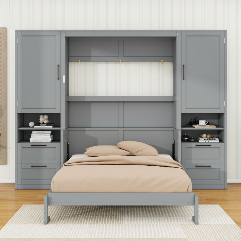 Lit escamotable 4 tiroirs en bois avec placard et tablettes, Gris