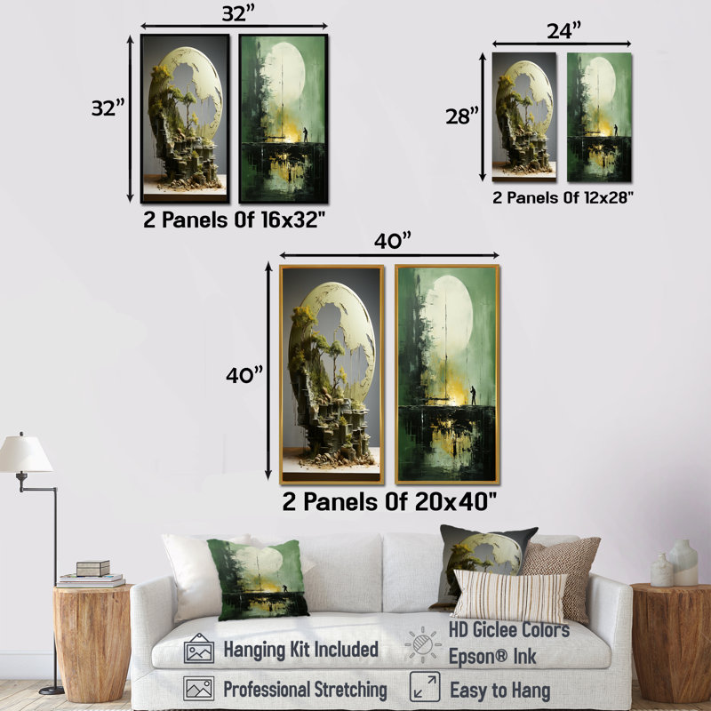 Moon Moss Mystery Reflections - Moon, ensemble de 2 reproductions d'art sur toile, Cadre noir, H 28 po x l 25 po