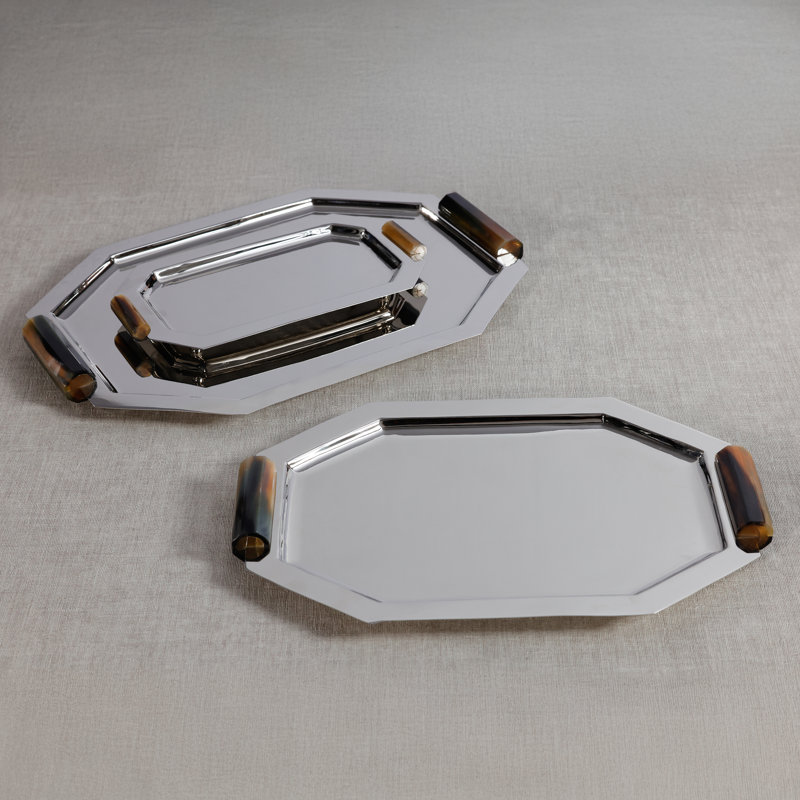 Plateaux de service en métal poli avec poignées en corne, H 1 po x l 14,75 po x P 10 po, Nickel