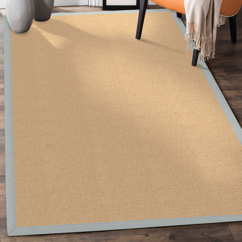 Nannette Handmade Medium Beige Berber with Ice Blue Cotton Border Made in the USA Area Rug, Rectangle 5' x 8'