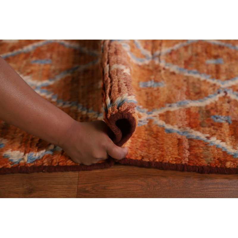 Tapis orange / bleu en laine noué à la main de conception unique 6 pi 8 po x 9 pi 10 po New Age