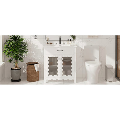 Meuble-lavabo de 31 po avec verre trempé, tablettes réglables et profil incurvé pour un profil paisible de 31 pouces, portes à fermeture douce, structure stable en bois d'hévéa avec pieds en bois