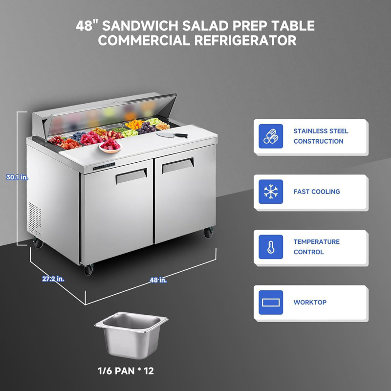 Commercial Sandwich/Salad Refrigerator, 7.42/12.85 Cu. Ft Prep Table Steel Food Prep Station Fridge with Cutting Board 8 Pans and Lock, Fan Cooling Mega Top Fridge for Restaurant, Bar, Shop