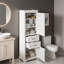 Grand rangement autoportant pour salle de bain avec 2 portes à charnières, 2 tiroirs, tablette réglable et poignées noires Lron