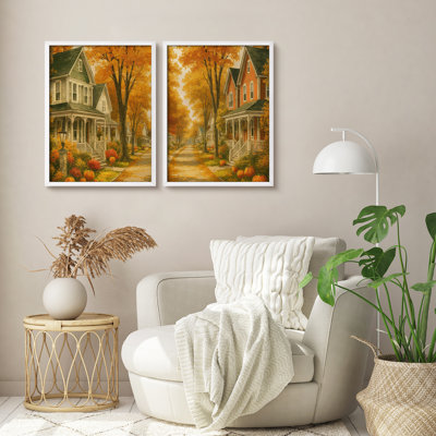 Automne, scène de rue, ensemble d'art mural encadré de 2 - impressions de chemin de citrouille pour automne maison de campagne ou décor de salon