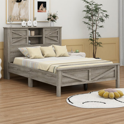 Ranee Farmhouse Platform Bed With Double Sliding Barn Door, Rustic Wood Bed Withcharging Station, Wood Slats Support