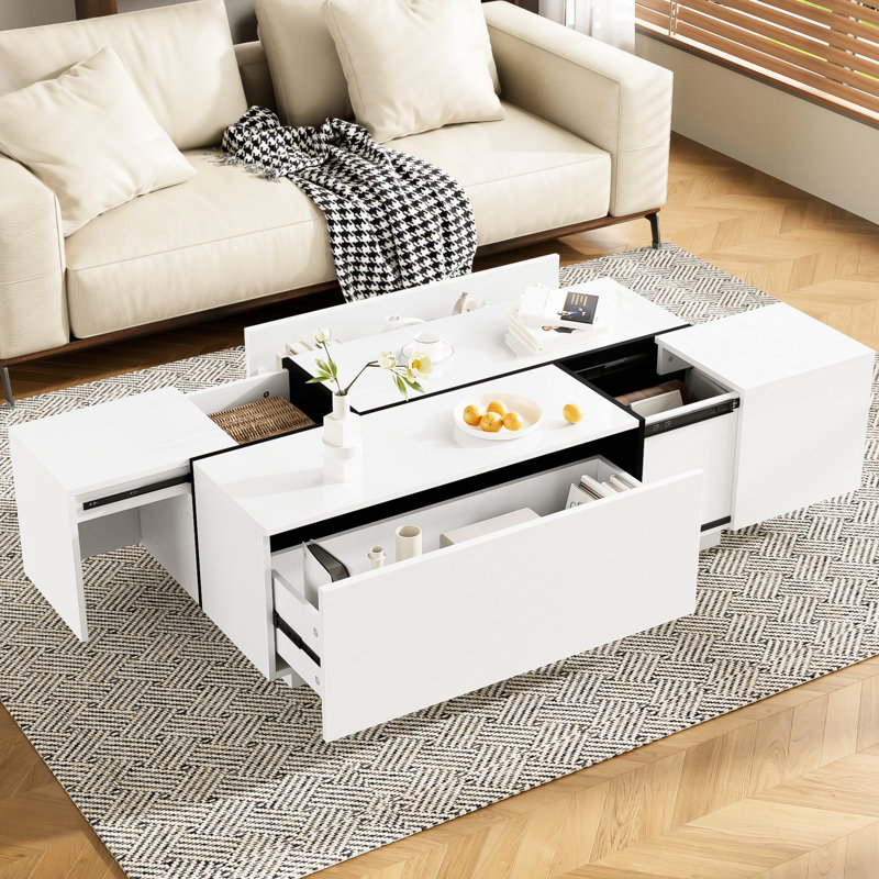 Table basse extensible de 47,2 po à 72,7 po avec finition ultrabrillante, 2 tiroirs et espaces de rangement cachés, plateau de table large, idéale pour le salon multifonctionnel, table extensible, espace, tiroirs,