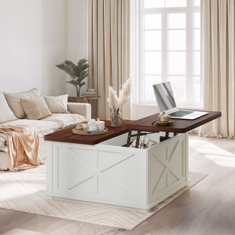 Farmhouse Coffee Table With Hydraulic Lifter, Square Coffee Table With Large Hidden Storage Compartment For Living Room, Wooden Coffee Tables With Brown Flip-Top Lids For Home Office