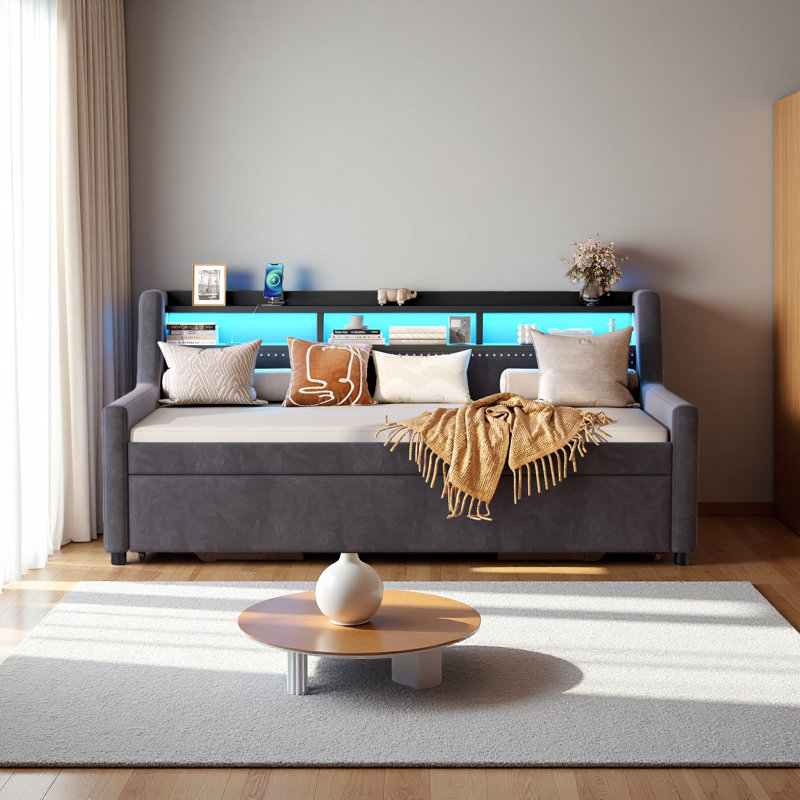 Twin Size Daybed With Trundle, Upholstery Daybed With LED Light ＆ Charging Station, Velvet Day Bed With Wood And Metal Frame