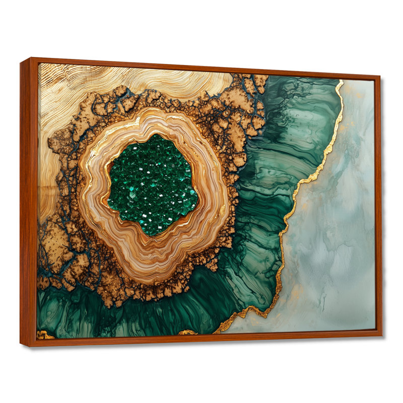 Abstrait émeraude et glissade sur bois rivière II - cristaux, art mural, H 30 po x l 40 po, Impression encadrée flottante