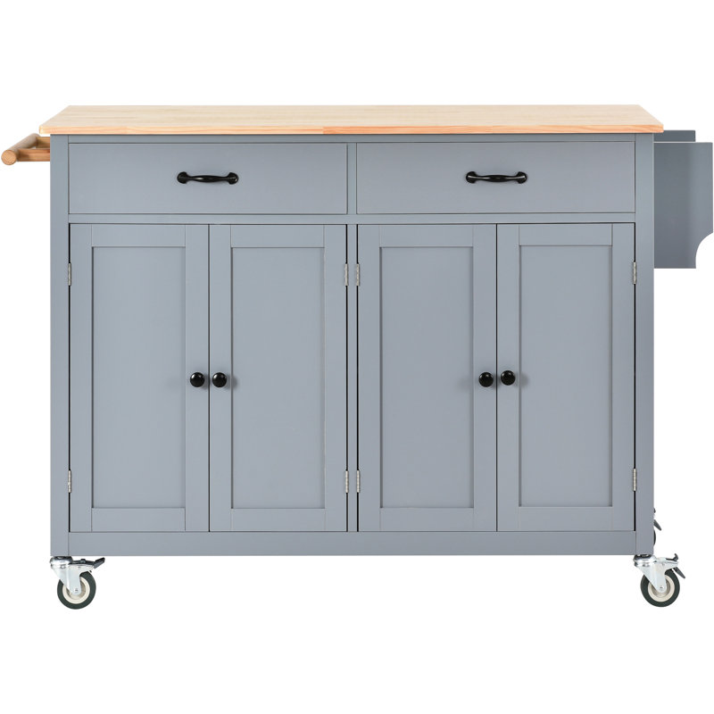 Kitchen Island Cart With Solid Wood Worksurface In Grey Blue, 4 Door Cabinet, 2 Drawers, Spice & Towel Rack, Locking Wheels Blue Countertop And Plenty Of Storage,