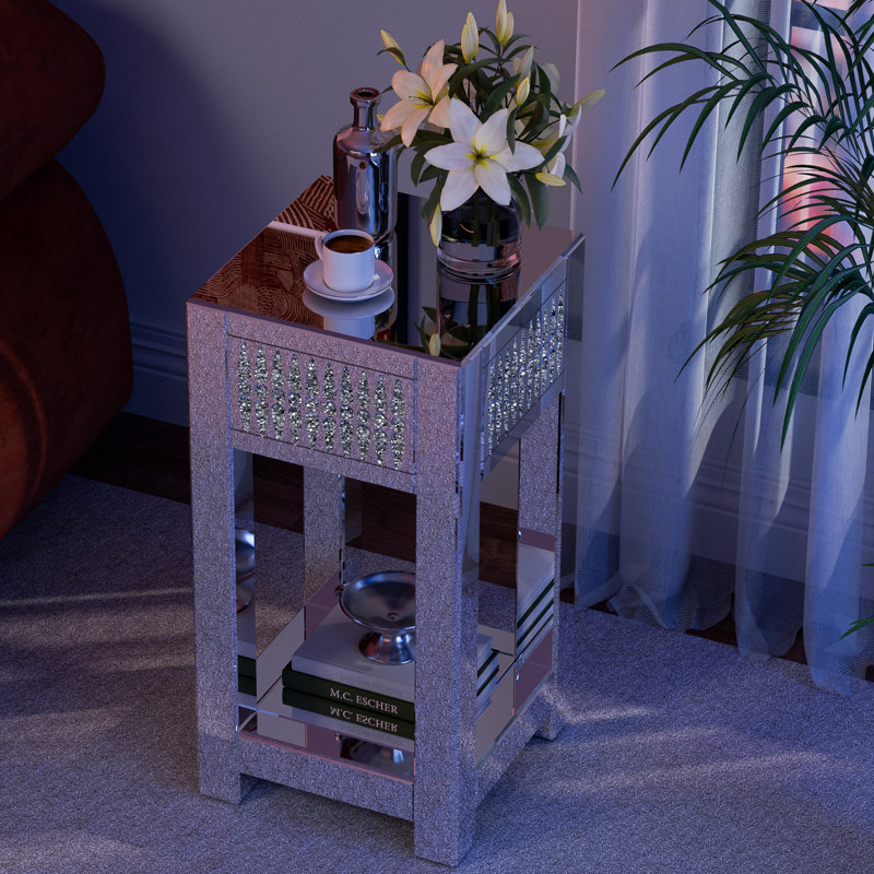 Table d'appoint moderne à miroir avec grand espace de rangement, finition diamants concassés et piètement en forme de H, idéale pour le salon, la chambre et le bureau, couleur argent.