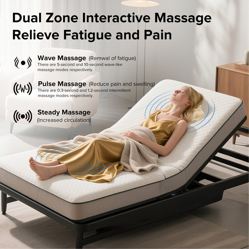 Base de lit réglable avec tête de massage et télécommande sans fil inclinée, deux types de ports USB: Type-A et Type-C, veilleuse à DEL, 4 pieds réglables en hauteur, assemblage facile, pas de tête de lit