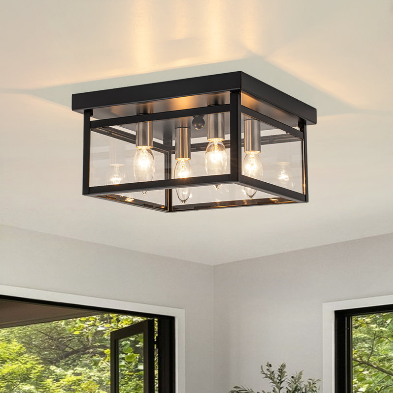 Plafonnier encastré carré noir moderne à 4 lumières avec abat-jour en verre