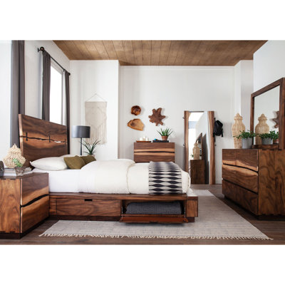 4 chambres avec lit très grand lit, finition en noyer, idée de lit à base flottante moderne, conception de tête de lit Live Edge, mobilier de concept de plateau de commode amovible, finition très grand, base, compartiments, bijoux