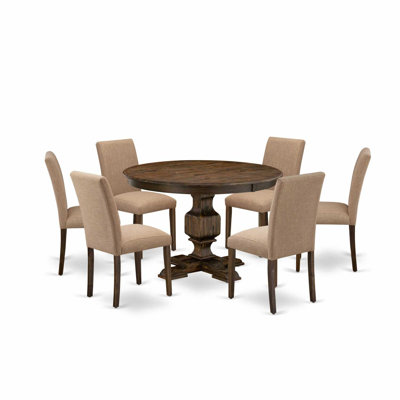 7-Piece Natural Oak Finish Solid Wood Top Dining Table with 6 Parson Chairs with Lattice Back