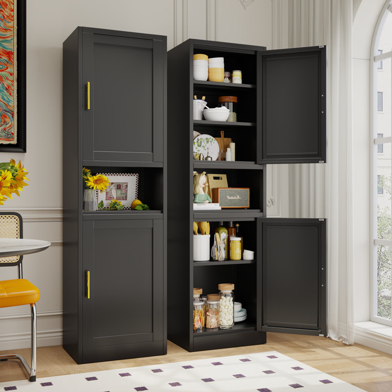 Armoire de rangement autoportante en acier avec 2 portes et tablettes pour le salon de la cuisine, Noir, noir, noir, noir