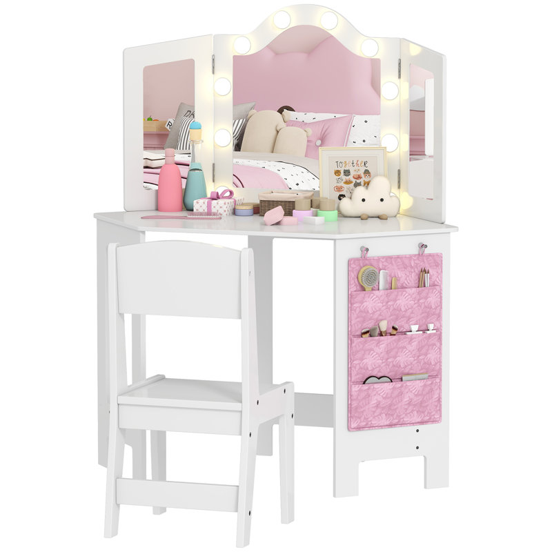 AIYAPLAY Kids Dressing Table and Stool Set with 2-Colour LED Lights White