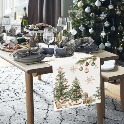 Chemin de table arbres de Noël 13 X 72 pouces Boules de Noël Flocons de neige Houx pommes de pin Hiver Cuisine de vacances Table de salle à manger Décoration pour la fête