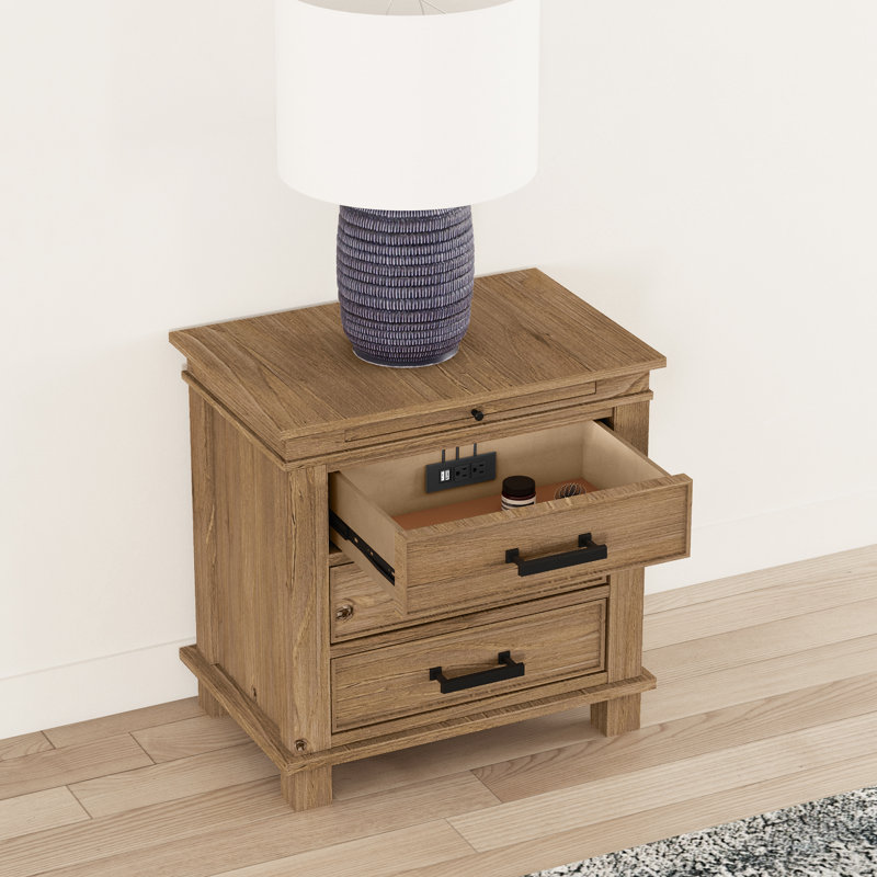 Remy 3-Drawer Nightstand with USB Charger and Pull-Out Beverage Tray, Golden Wood Tones