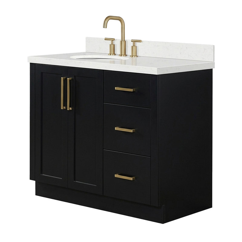 Meuble-lavabo de salle de bain avec lavabo ovale simple décalé à gauche de 42 pouces et comptoir en quartz blanc de Carrare de 1,5 pouce d'épaisseur, finition noire.