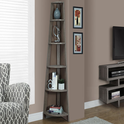 Contemporary Corner 5-Tier Etagere Bookcase, Space-Saving Design for Modern Bedrooms and Offices, Dark Taupe Wood-Look Finish