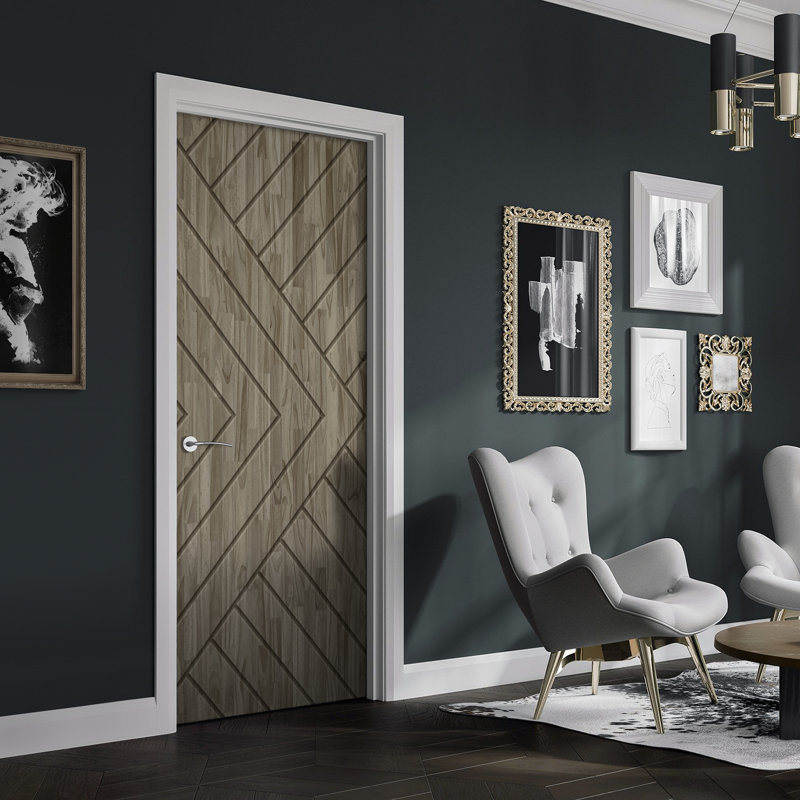 Stained Smooth Pine Wood Single Prehung Interior Door, 32" x 84", Weather Gray, Right