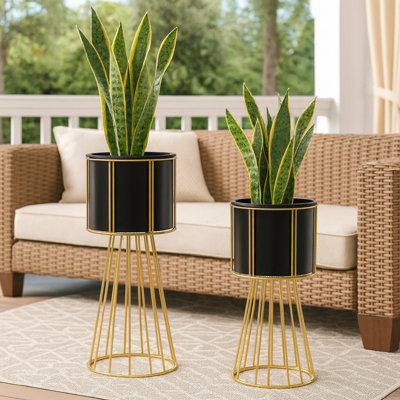 Paire de jardinières contemporaines en métal noir et doré, ensemble de 2 grands supports à plantes d'intérieur pour la décoration intérieure