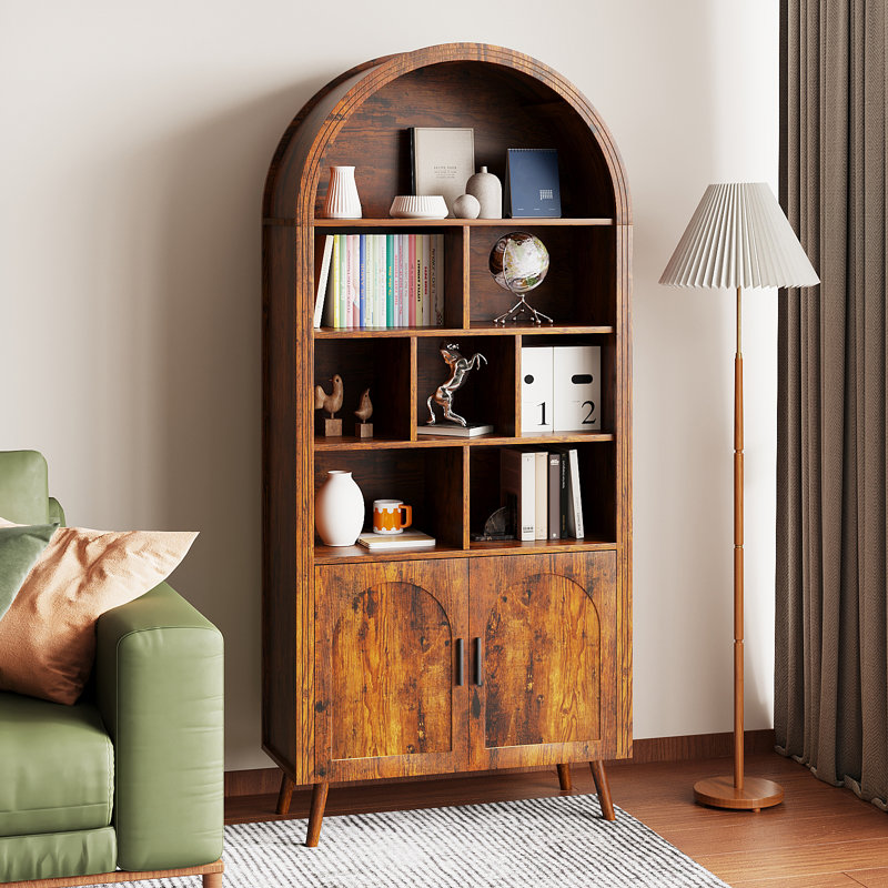 70.8" Tall Arched Bookcase With Storage, Mid Century Modern 6-Tier Cabinet With Door And Drawer, Metal Legs And Metal Handles,Arched Bookshelf With Open Display Shelf For Office Living Room