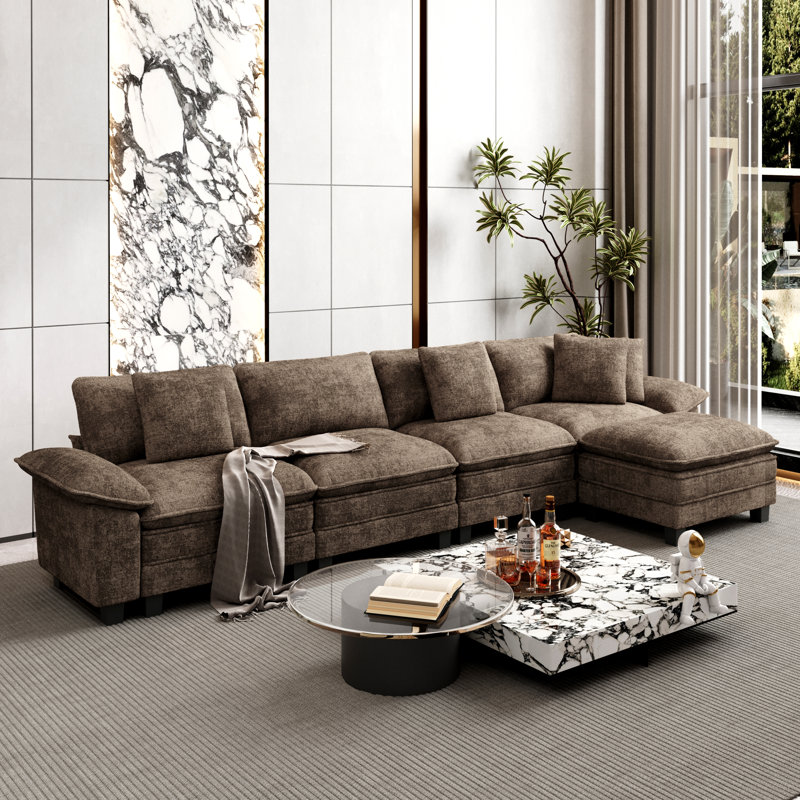 158" Modular Sectional Sofa, Oversized L Shaped Couches with Ottoman, 5-Seater Deep Seat Sofa with Throw Pillow