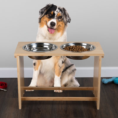 PETMAKER Elevated Dog Bowls with 15-Inch Nonslip Bamboo Stand - Pet Feeder with 2 Stainless-Steel Pet Bowls - Hold 60oz Each