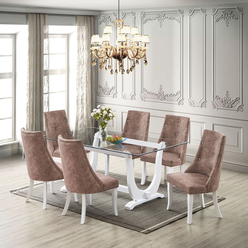 Ensemble de salle à manger Skyrah 7 pièces avec table en verre trempé et 6 chaises rembourrées capitonnées de cristal
