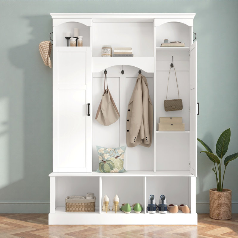 Modern Hall Tree With Adjustable Shelves, Side Cabinets, Top Compartments And Hooks, White