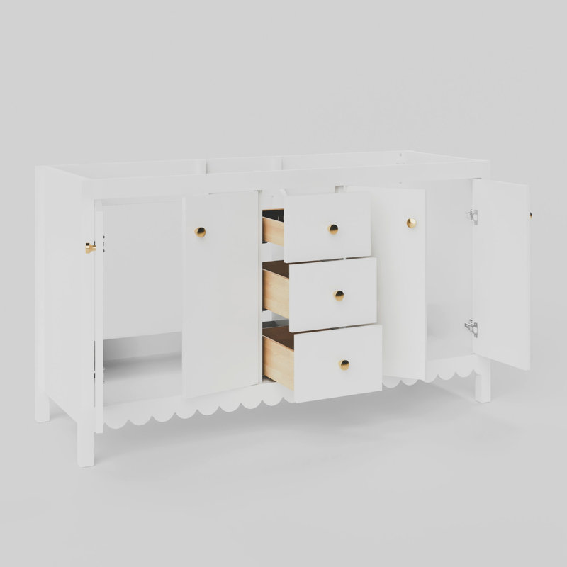 Meuble-lavabo à double cuve festonné 60 po - blanc - avec plateau - boutons dorés, Gris/doré