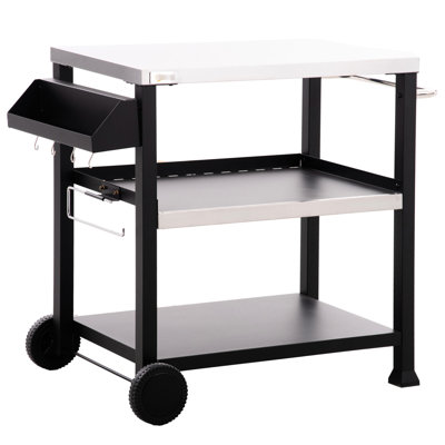 Chariot alimentaire portatif extérieur, surface en acier inoxydable, 81 cm x 52 cm, avec tablette de rangement et crochets, support de barbecue mobile noir, à poser sur une table, 101,4 cm L x 64,8 cm l x 83,8 cm H.