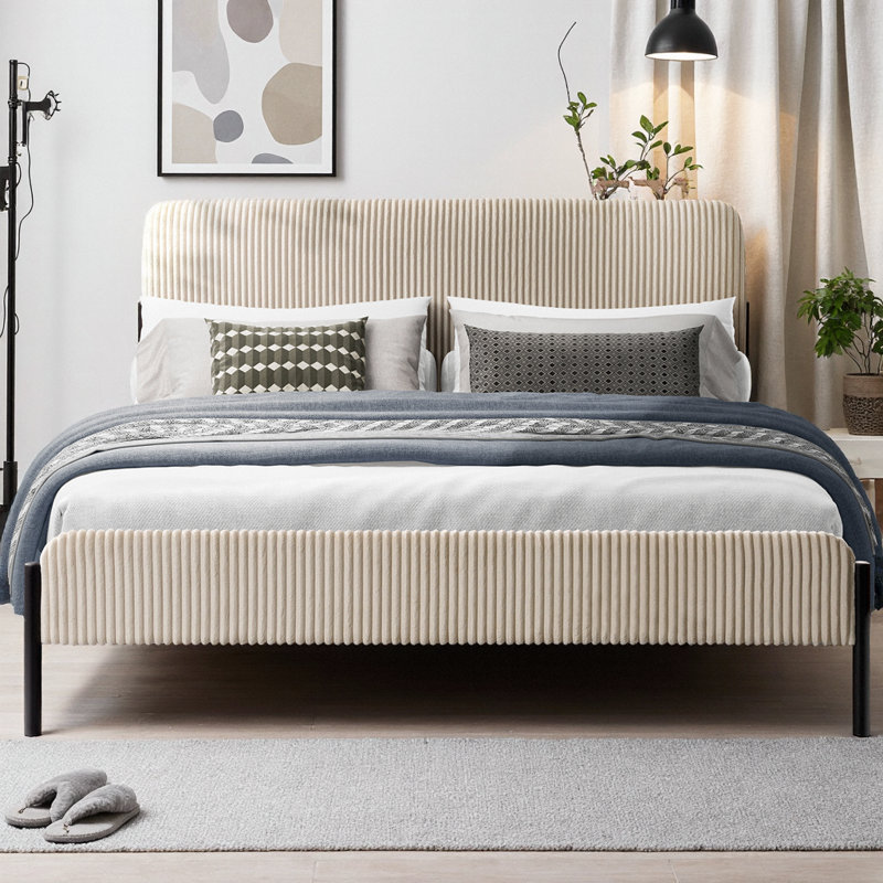 Grand lit plateforme tapissier Corduroy, Crème, crème