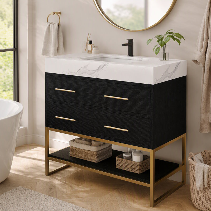 36" Artificial Stone Bathroom Vanity with Ceramic Sink, Modern Bathroom Sink Cabinet with Soft Close Drawers and Open Shelves, Free-standing Bathroom Vanity with Stainless Steel Legs and Large Space S