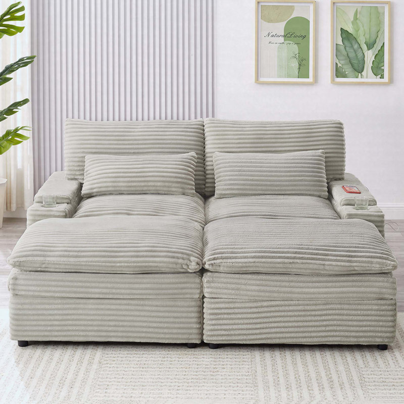 Canapé-lit modulaire 70,9 po avec rangement, 2 repose-pieds, 4 ports USB et 2 porte-gobelets, Gris