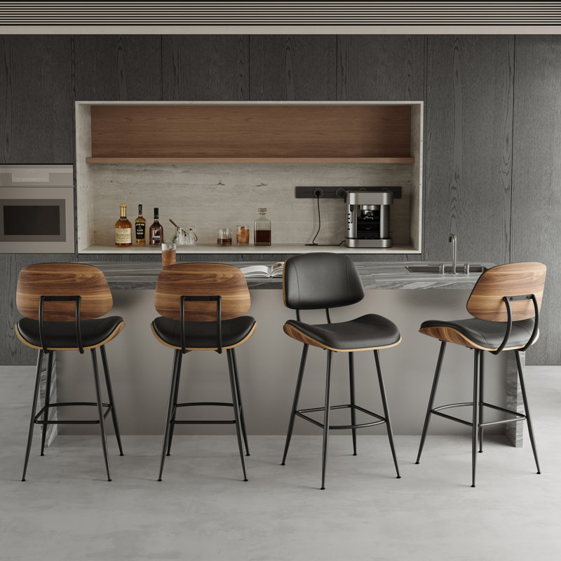 Retro 26.7'' PU Leather Upholstered Bar Stools with Walnut Backs & Seat and Metal Legs, Black