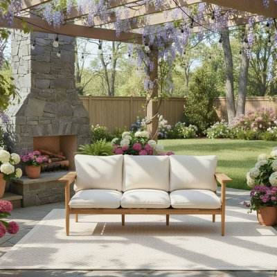 Terassi Outdoor Acacia Wood 3 Seater Sofa, Light Teak Finish With Beige Cushion