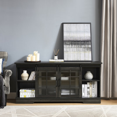 Charcoal Grey Tv Stand, 2 Sliding Glass Tempered Doors, Storage For Entertainment Devices, Up To 65'' Tv, 58.59"W*15.9"D*27.8"H Stand With Smooth Doors And 65"