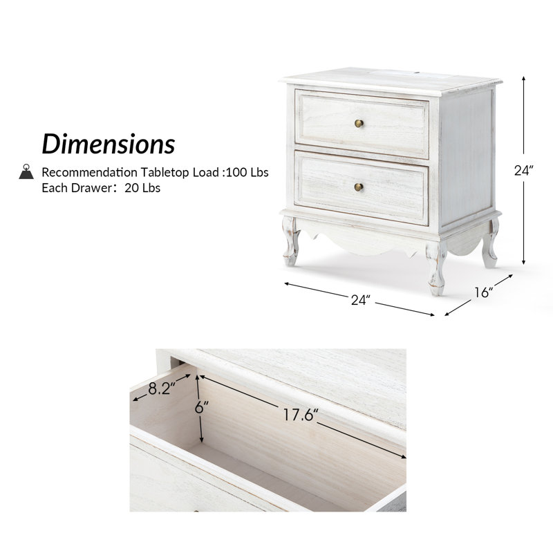 Lundgren Transitional 24'' Tall 2 - Drawer Nightstand with Wood Legs and Charging Station Space