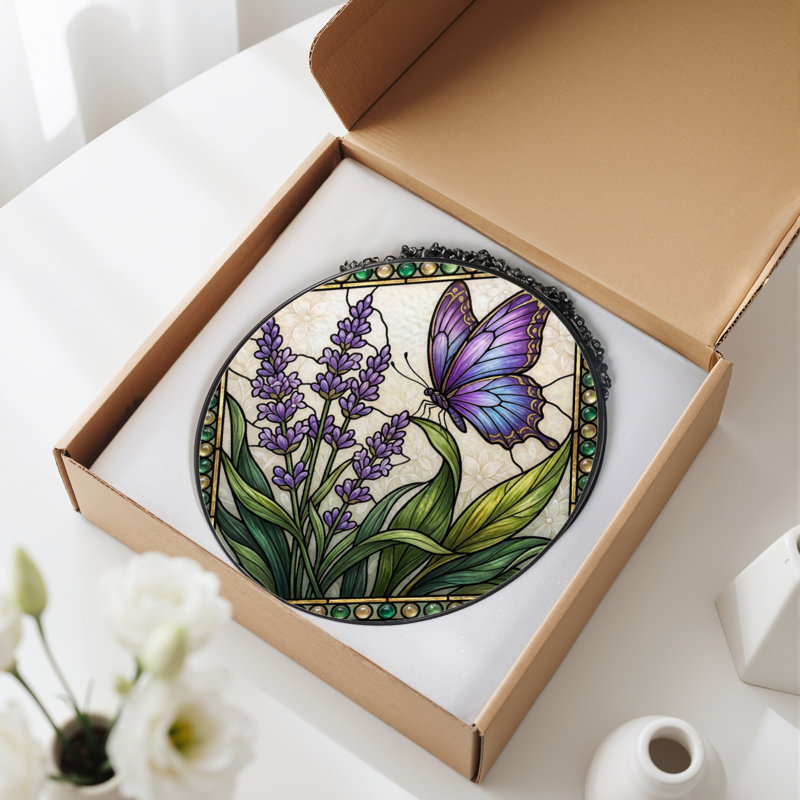 Panneau de vitrail en verre coloré lavande H 7,8 po