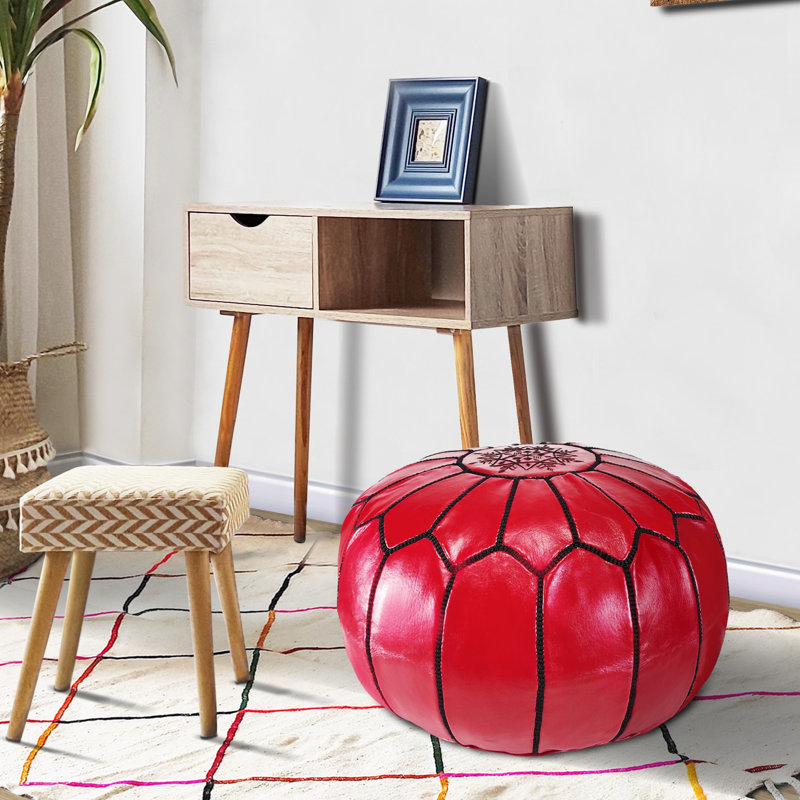 Leather Pouf, Red/Black Genuine Leather