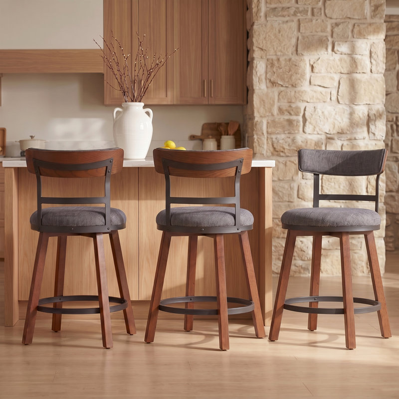 Ensemble de tabourets de bar modernes de 3 po de 26 po d'épaisseur avec dossier courbé en frabic et pieds en bois massif et structure en métal mat, tabourets de bar à hauteur de comptoir pour Kicthen Island, gris